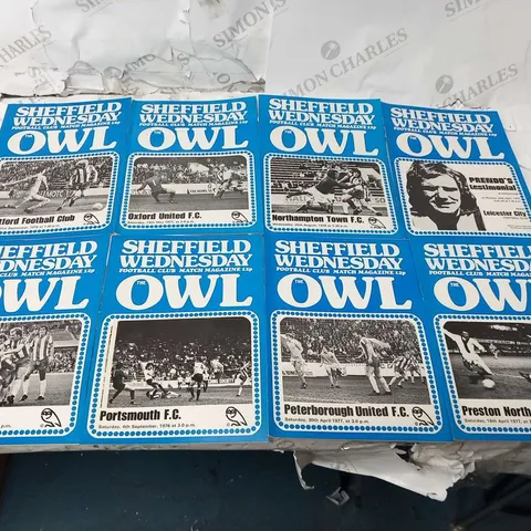 COLLECTION OF APPROXIMATELY 18 SHEFFIELD WEDNESDAY FOOTBALL CLUB MATCH MAGAZINE THE OWL FROM 1976/1977 INCLUDING; PRENDO'S TESTIMONIAL LEICESTER, WATFORD, GRIMSBY, OXFORD UNITED, LINCOLN CITY, READING