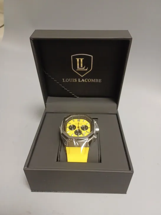 MENS LOUIS LACOMBE CHRONGRAPH WATCH – 3 SUB DIALS –  YELLOW RUBBER STRAP