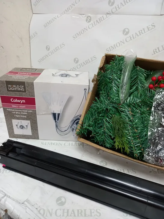 BOX OF APPROXIMATELY 10 ASSORTED ITEMS TO INCLUDE COLWYN WALL LIGHT, TREE DÉCOR, TONER CARTRIDGE ETC