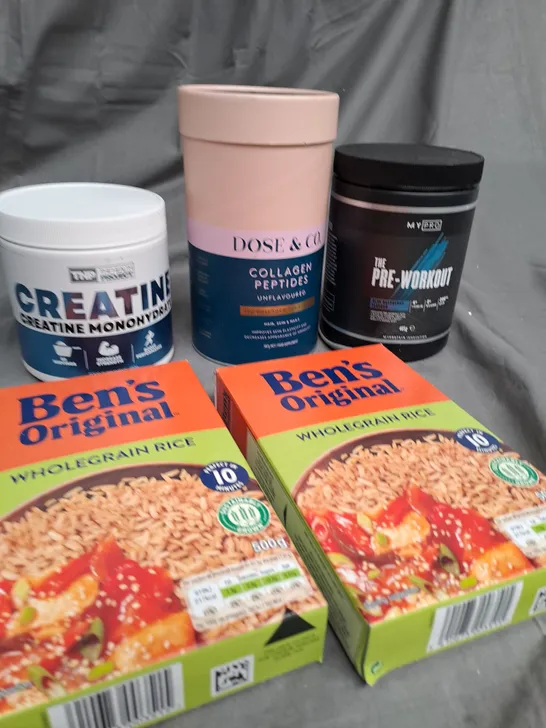 BOX OF APPROXIMATELY 15 ITEMS TO INCLUDE BENS ORIGINAL RICE, COLLAGEN PEPTIDES, PRE-WORKOUT ETC