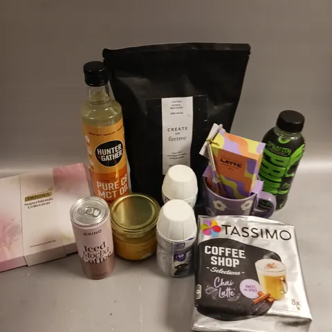 APPROXIMATELY 10 ASSORTED FOOD/DRINK PRODUCTS TO INCLUDE TASSIMO COFFEE, HUNTER GATHER MCT OIL, PRIME HYDRATION DRINK ETC 