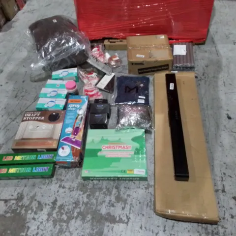 PALLET OF ASSORTED ITEMS TL INCLUDE: METAL SHOULDER BUMPS FREE HANGER, VORFREUDE SPRAY MOP, DRAFT STOPPER, LED METAL LIGHT, 3-IN-1 CAR HOLDRR, SOUNDBAR ETC