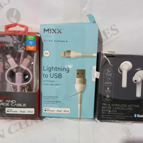 BOX OF APPROXIMATELY 15 ASSORTED ELECTRICAL ITEMS TO INCLUDE ASDA TECH TRUE WIRELESS ACTIVE NOISE CANCELLNG EARBUDS, MIXX LIGHTNING TO USB CABLE, BLACKWEB SYNC AND CHARGE CABLE, ETC