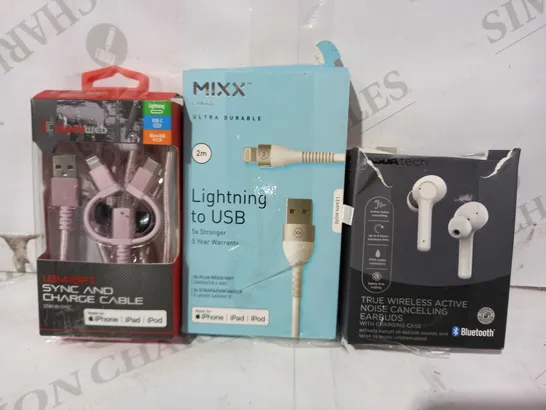 BOX OF APPROXIMATELY 15 ASSORTED ELECTRICAL ITEMS TO INCLUDE ASDA TECH TRUE WIRELESS ACTIVE NOISE CANCELLNG EARBUDS, MIXX LIGHTNING TO USB CABLE, BLACKWEB SYNC AND CHARGE CABLE, ETC