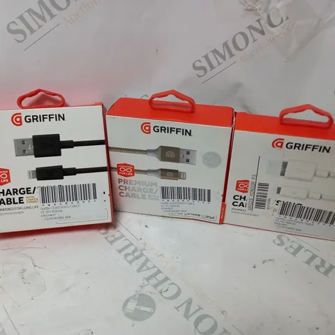 APPROXIMATELY 20 BOXED GRIFFIN CHARGINGCABLES TO INCLUDE USB TO LIGHTNING CONNECTOR, PREMIUM CHARGE CABLE, ETC