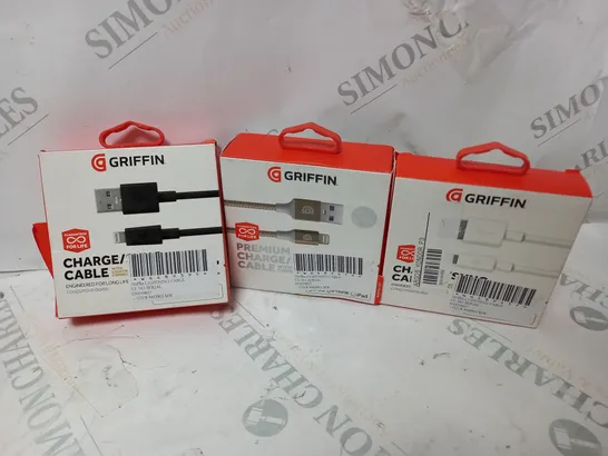 APPROXIMATELY 20 BOXED GRIFFIN CHARGINGCABLES TO INCLUDE USB TO LIGHTNING CONNECTOR, PREMIUM CHARGE CABLE, ETC