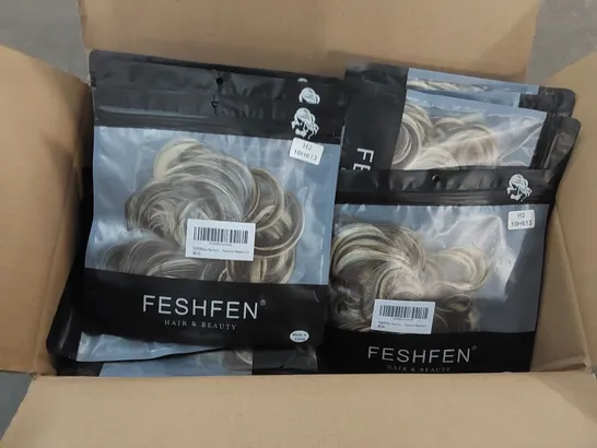 BOX CONTAINING APPROXIMATELY 40 BROWN/BLONDE HAIR BUN EXTENSIONS