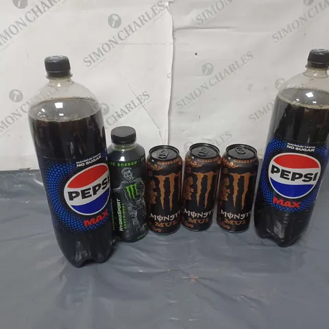 APPROXIMATELY 6 ASSORTED DRINK PRODUCTS TO INCLUDE PEPSI MAX (2L), MONSTER MULE (500ml), MONSTER HYDROSPORT STRIKER (650ml) - COLLECTION ONLY