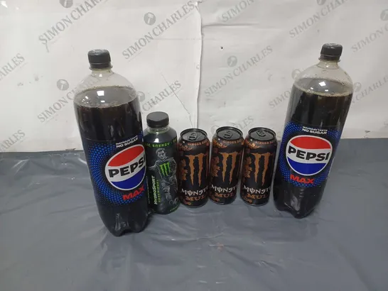 APPROXIMATELY 6 ASSORTED DRINK PRODUCTS TO INCLUDE PEPSI MAX (2L), MONSTER MULE (500ml), MONSTER HYDROSPORT STRIKER (650ml) - COLLECTION ONLY