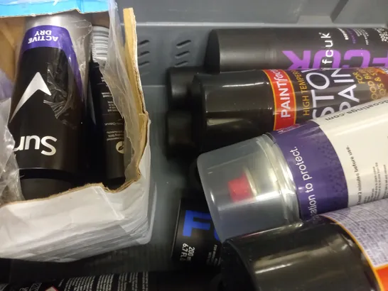 BOX OF APPROX 15 ASSORTED AEROSOLS TO INCLUDE SURE MEN DEODORANT, FCUK BODY SPRAY, PAINTFACTORY STOVE PAINT, ETC 