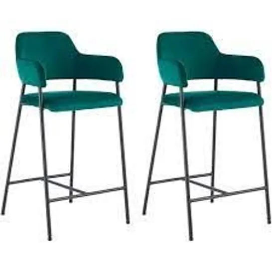 BOXED PAIR OF GREEN VELVET UPHOLSTERED DINING ROOM CHAIRS/STOOLS