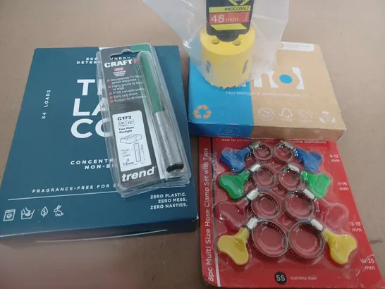 BOX OF ASSORTED HOUSE HOLD ITEMS TO INCLUDE THE LAB CO - DRILL BITS - FISHING LINES AND WEIGHTS 