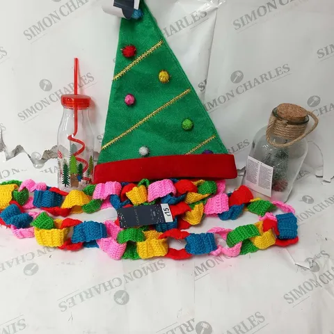 APPROXIMATELY 31 ASSORTED SEASONAL PRODUCTS TO INCLUDE; GARLANDS, MILK BOTTLES AND TREE HAT