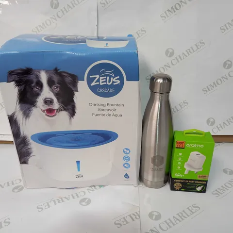 LOT OF APPROXIMATELY 30 ITEMS TO INCLUDE ZEUS CASCADE DOG DRINKING FOUNTAIN, CUSTOM METAL BOTTLE, ORAIMO COMPACT 2A FAST CHARGER, ETC