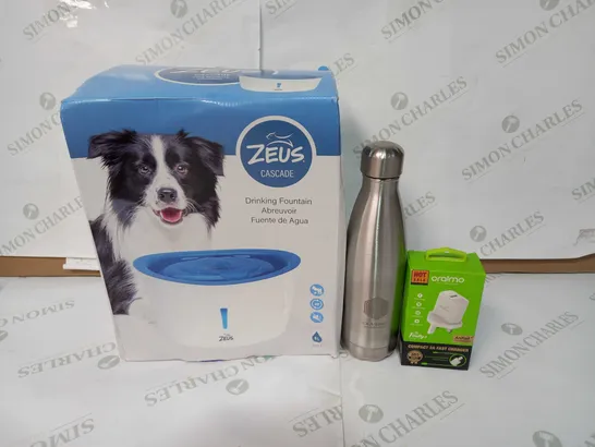 LOT OF APPROXIMATELY 30 ITEMS TO INCLUDE ZEUS CASCADE DOG DRINKING FOUNTAIN, CUSTOM METAL BOTTLE, ORAIMO COMPACT 2A FAST CHARGER, ETC