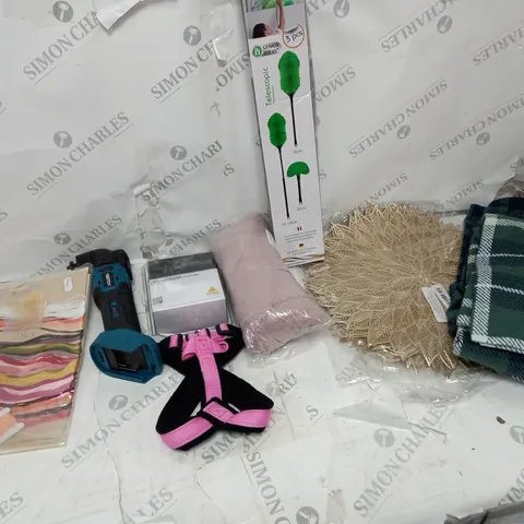 LOT OF HOUSEHOLD ITEMS TO INCLUDE TELESCOPIC DUSTER, THREADS, ETC