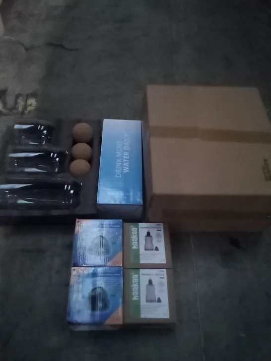 PALLET OF ASSORTED ITEMS INCLUDING BOXED GLASS JARS , FEED BAGS , DUMMY SECURITY CAMERAS , ETC 