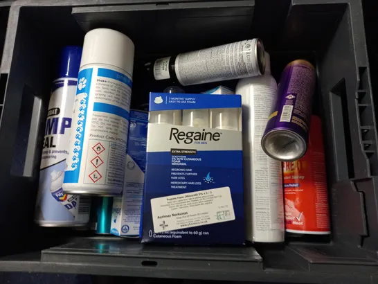 BOX OF APPROX 15 ASSORTED AEROSOLS TO INCLUDE POLYCELL DAMP SEAL, UNIQUE HAIR SPRAY, DRY SHAMPOO ETC - COLLECTION ONLY