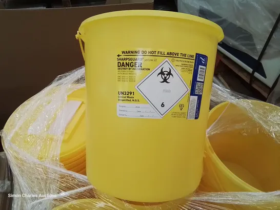 PALLET CONTAINING APPROXIMATELY 38 SHARPGUARD YELLOW 22 HAZARDOUS WASTE BUCKETS & LIDS