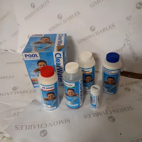 BOXED CLEARWATER POOL STARTER KIT WITH FIVE BOTTLES OF CHEMICALS