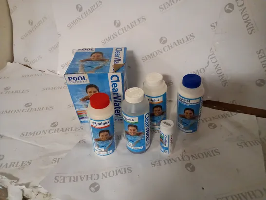 BOXED CLEARWATER POOL STARTER KIT WITH FIVE BOTTLES OF CHEMICALS