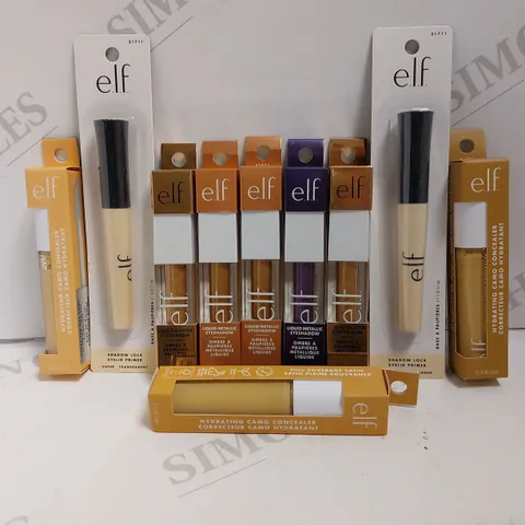 BOX OF APPROX 10 E.L.F ITEMS TO INCLUDE SHADOW LOCK EYELID PRIMER, LIQUID GLITTER EYESHADOW, HYDRATING CAMO CONCEALER