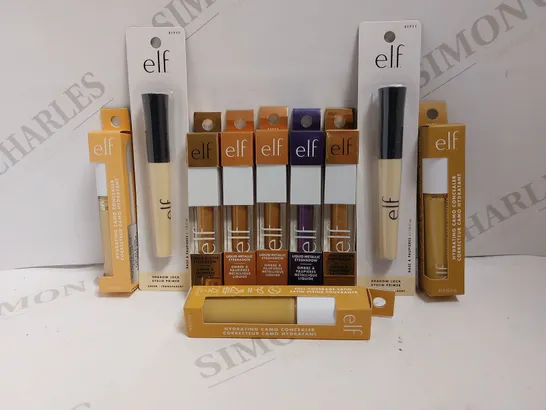 BOX OF APPROX 10 E.L.F ITEMS TO INCLUDE SHADOW LOCK EYELID PRIMER, LIQUID GLITTER EYESHADOW, HYDRATING CAMO CONCEALER