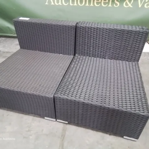 TWO BLACK RATTAN ARMLESS SEATING SECTIONS