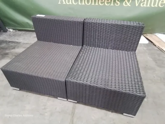 TWO BLACK RATTAN ARMLESS SEATING SECTIONS