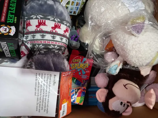 BOX OF APPROXIMATELY 15 ASSORTED TOYS AND GAMES TO INCLUDE CHAD VALLEY SERVICE VEHICLE, TINKIE TOYS WOODEN PUSH ALONG UNICORN, MARVIN'S MAGIC PUB TRICKS, ETC