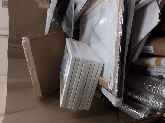 LARGE PALLET OF A SIGNIFICANT QUANTITY OF ASSORTED ITEMS TO INCLUDE AUDIO VISUAL DIRECT GLASS DRY-ERASE BOARD DIVIDER, ARTECHO STRECHED CANVASES,  HOME BEAUTY ALUMINIUM CUPBOARD SHEET ETC