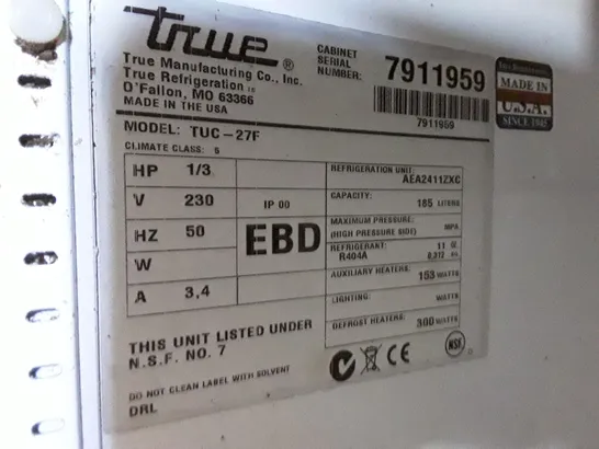 TRUE TUC-27F 185L REFRIDGERATED CABINET 