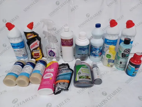 BOX TO CONTAIN APPROX. 18 X ASSORTED HOUSEHOLD CLEANING & MAINTENANCE PRODUCTS. INCLUDES TOILET CLEANER, SINK & BATH WASTE CLEANER, WASHING MACHINE CLEANER ETC - COLLECTION ONLY