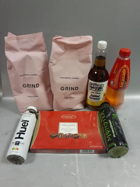 7 X ASSORTED FOOD/DRINK PRODUCTS TO INCLUDE GRIND COFFEE, MONSTER HYDROSPORT, SKINNY BARISTA SALTED CARAMEL ETC 