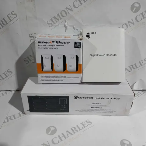 APPROXIMATELY 20 ASSORTED ITEMS TO INCLUDE HEAT MAT, WI-FI REPEATER, DIGITAL VOICE RECORDER ETC. 