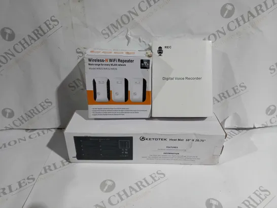 APPROXIMATELY 20 ASSORTED ITEMS TO INCLUDE HEAT MAT, WI-FI REPEATER, DIGITAL VOICE RECORDER ETC. 