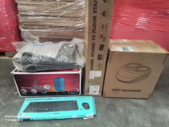 PALLET OF ASSORTED HOUSEHOLD AND ELECTRICAL ITEMS TO INCLUDE FOOT MASSAGER, WIRELESS KEYBOARD AND EASEL STUDIO TV FLOOR STAND