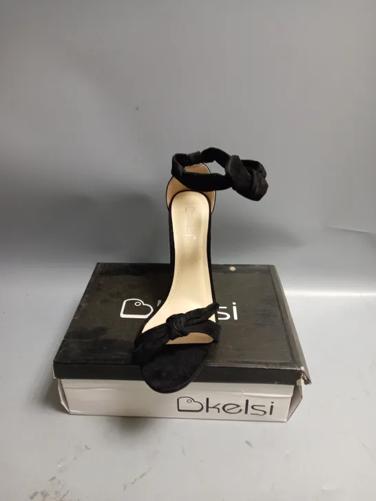 BOXED KELSI LADIES BLACK SATIN HIGH HEELED SANDALS WITH TIE DETAIL SIZE EU 41