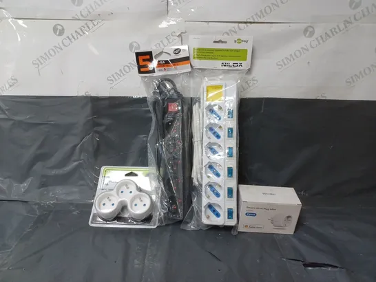 BOX OF APPROX 30 ASSORTED ITEMS TO INCLUDE -LIFEDOM TRIPLITE 16A , NF 5X16A 1M EXTENSION LEAD , SMART WIFI MINI PLUG ETC