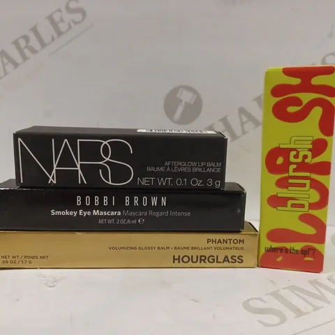 BOX OF 4 ASSORTED BEAUTY PRODUCTS TO INCLUDE NARS LIP BALM #ORGASM, BOBBI BROWN MASCARA #BLACK, HOURGLASS PHANTOM GLOSSY BALM #TRACE, MADE BY MITCHELL LIQUID BLUSH