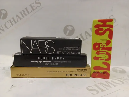 BOX OF 4 ASSORTED BEAUTY PRODUCTS TO INCLUDE NARS LIP BALM #ORGASM, BOBBI BROWN MASCARA #BLACK, HOURGLASS PHANTOM GLOSSY BALM #TRACE, MADE BY MITCHELL LIQUID BLUSH