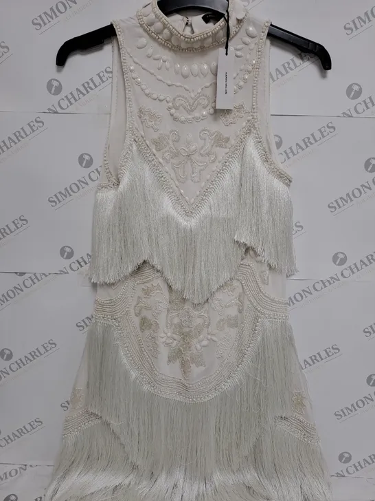 KAREN MILLEN FRINGE AND BEADED HALTER NECK MINI DRESS IN IVORY - 8