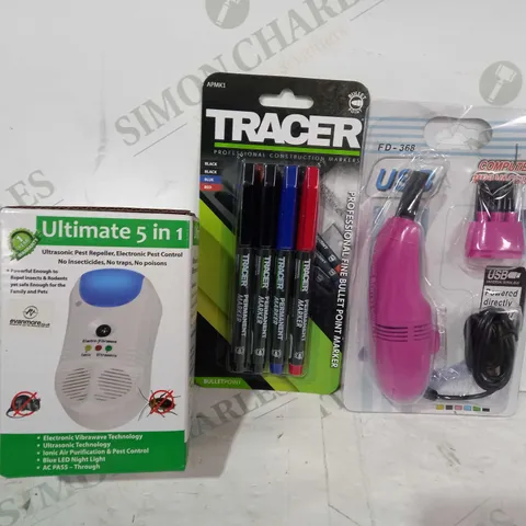 LOT OF APPROXIMATELY 10 ASSORTED HOUSEHOLD ITEMS TO INCLUDE USB COMPUTER MINI VACUUM, TRACER MARKERS, ULTIMATE 5 IN 1 ULTRASONIC PEST REPELLER, ETC