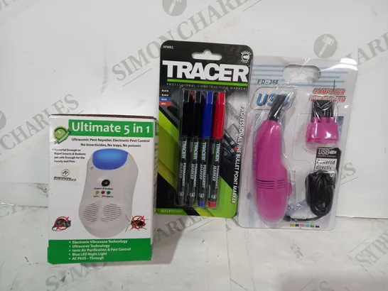 LOT OF APPROXIMATELY 10 ASSORTED HOUSEHOLD ITEMS TO INCLUDE USB COMPUTER MINI VACUUM, TRACER MARKERS, ULTIMATE 5 IN 1 ULTRASONIC PEST REPELLER, ETC