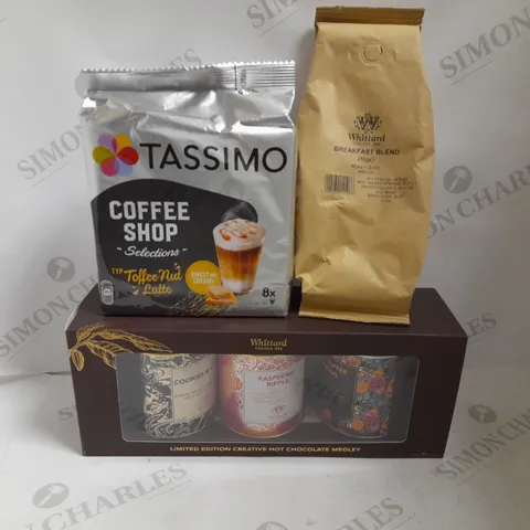 BOX OF APPROX 10 ITEMS TO INCLUDE TASSIMO COFFEE SHOP PODS, WHITTARD BREAKFAST BLEND AND WHITTARD HOT CHOCOLATE MEDLEY