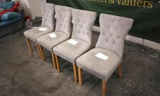 SET OF 4 BEWLEY MINK VELVET BUTTON BACK DINING CHAIRS WITH OAK LEGS