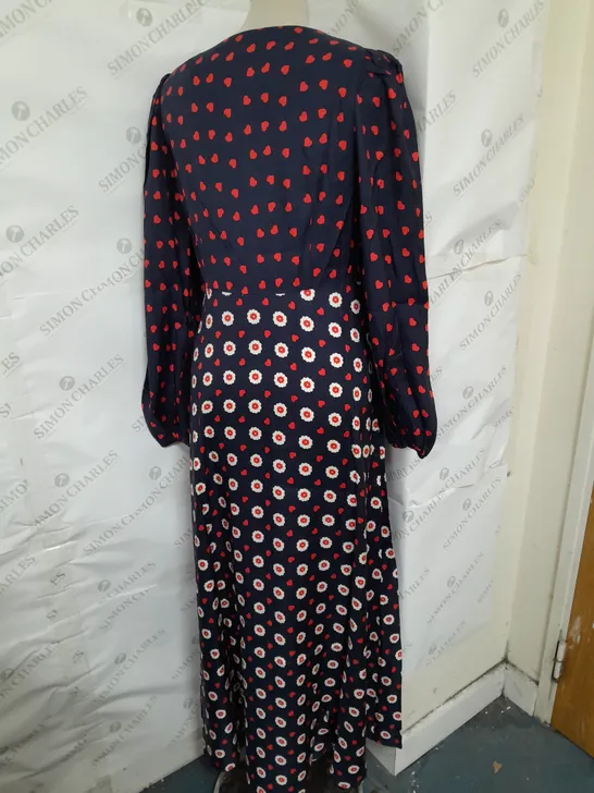 BODEN PLUNGE MAXI DRESS IN BLUE AND RED HEART DESIGN SIZE 10