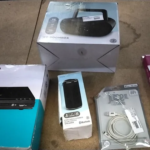 BOX OF ASSORTED ELECTRICAL ITEMS INCLUDING DVD PLAYER, CD BOOMBOX, PORTABLE SPEAKER, IPHONE CHARGING CABLE AND SKY HD REMOTE CONTROL