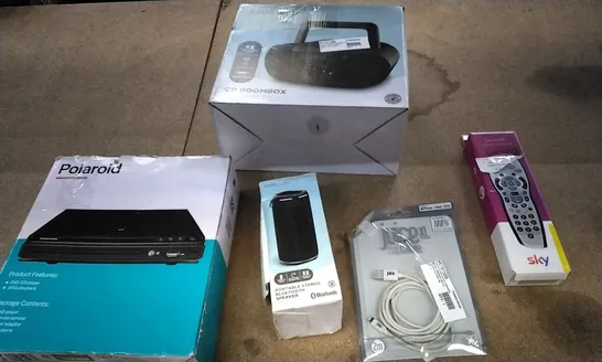 BOX OF ASSORTED ELECTRICAL ITEMS INCLUDING DVD PLAYER, CD BOOMBOX, PORTABLE SPEAKER, IPHONE CHARGING CABLE AND SKY HD REMOTE CONTROL