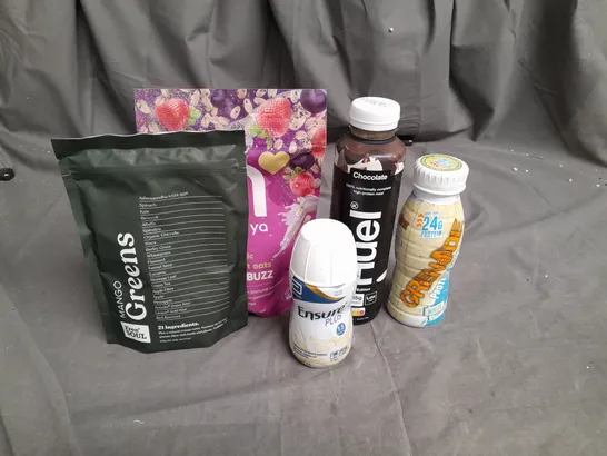 17 ASSORTED FOOD ITEMS TO INCLUDE FREE SOUL GREENS, NATURYA ORGANIC OVERNIGHT BERRY BUZZ OATS, HUEL FOOD DRINK, GRENADE WHITE CHOCOLATE PROTEIN SHAKE AND ENSURE PLUS FOOD DRINK- COLLECTION ONLY